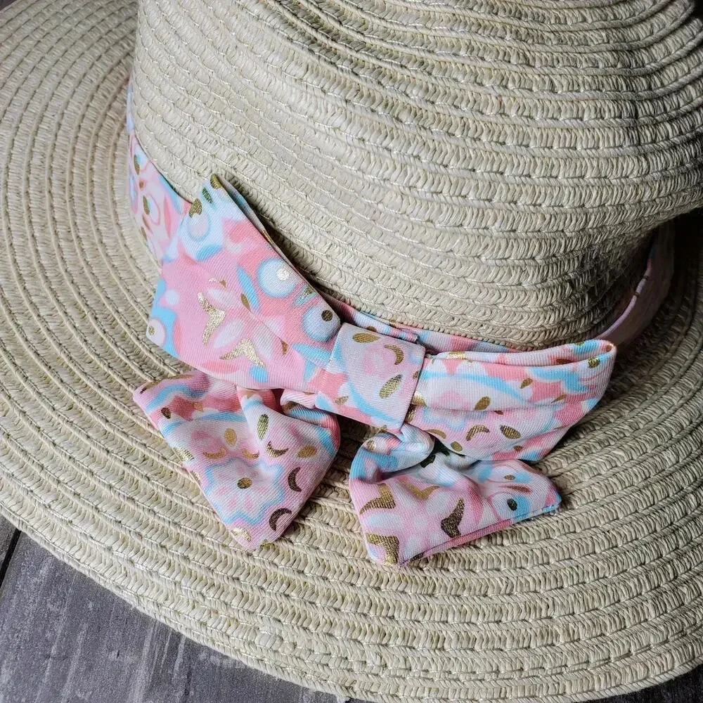 NWT Tommy Bahama Kids Girls Straw Hat with Blue & Pink Metallic Bow